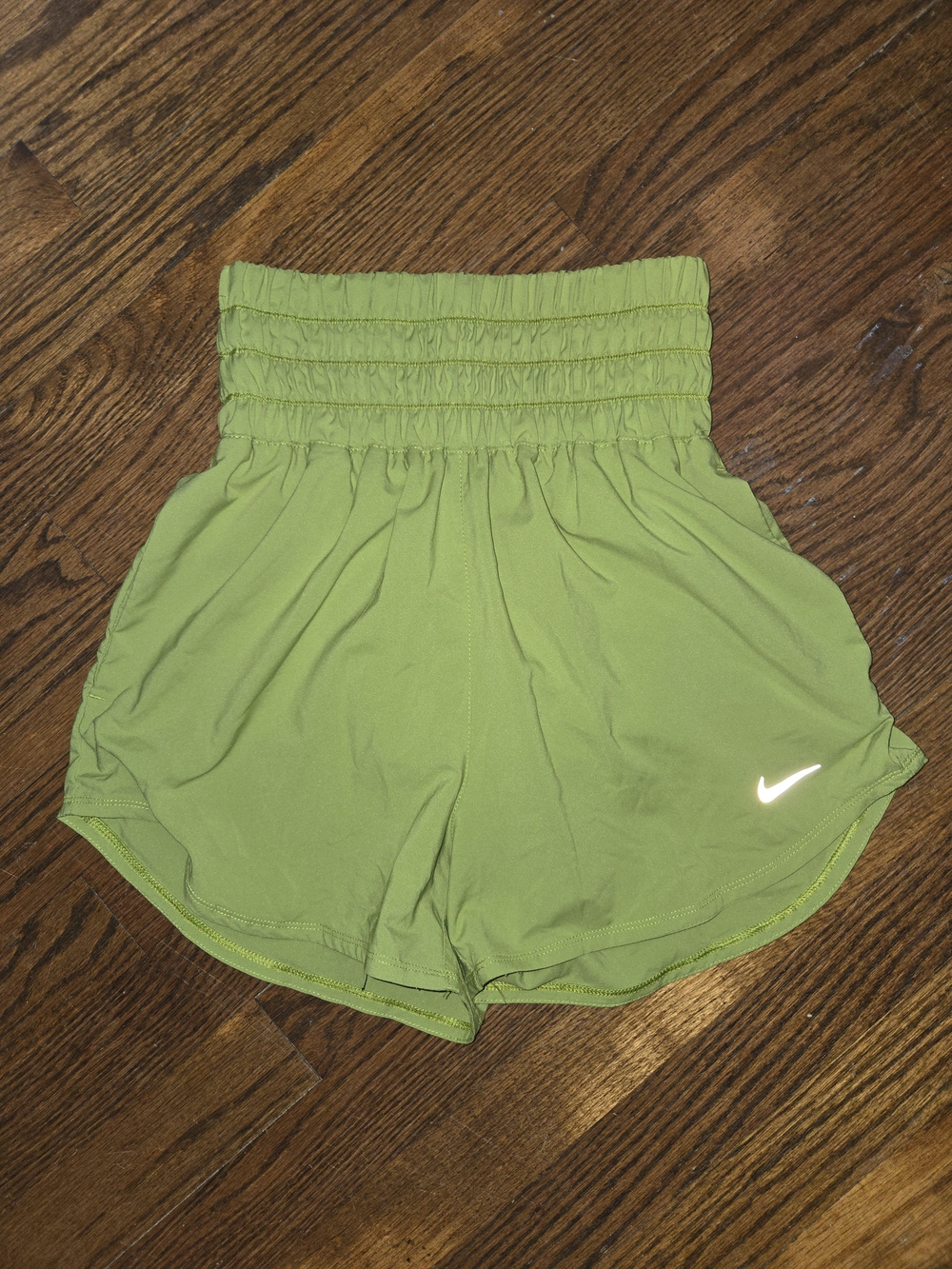 Nike Women's High-Waist Lime Green Athletic Shorts with Smocked Waistband